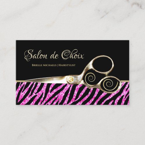 Glitzy Hot Pink Zebra Print Gold Scissors Salon Business Card