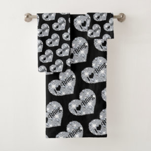 Glitzy I love Bling text on silver diamond hearts  Bath Towel Set