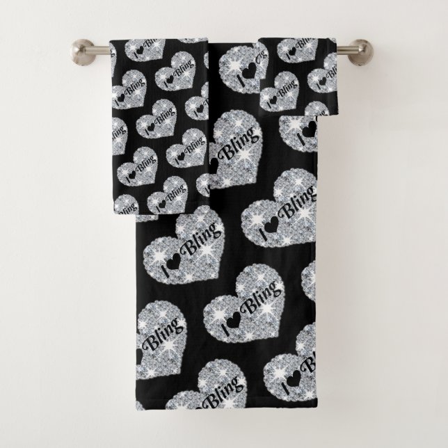 Glitzy I love Bling text on silver diamond hearts  Bath Towel Set (Insitu)