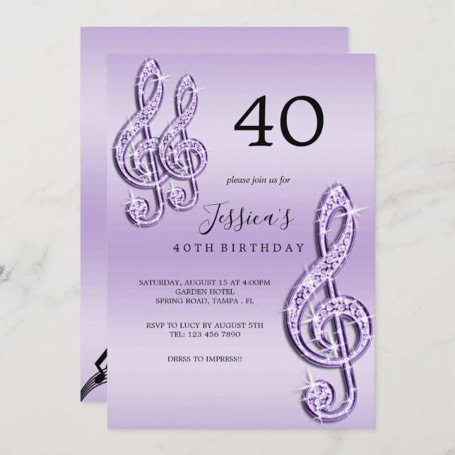 Glitzy Lilac Music Notes Birthday Invitation (Front/Back)