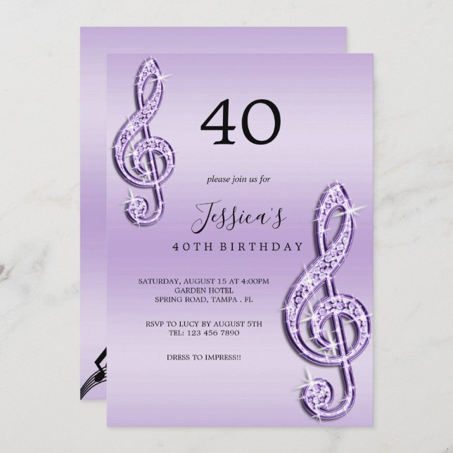 Glitzy Lilac Music Notes Birthday Invitation (Front/Back)