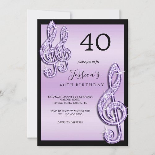 Glitzy Lilac Music Notes Birthday Invitation