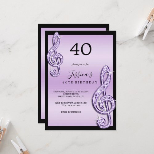 Glitzy Lilac Music Notes Birthday Invitation