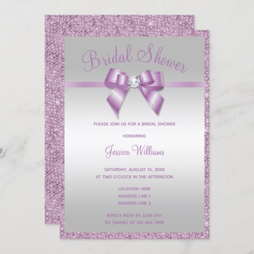 Glitzy Lilac Sequins  Gem Bow Bridal Shower Invitation