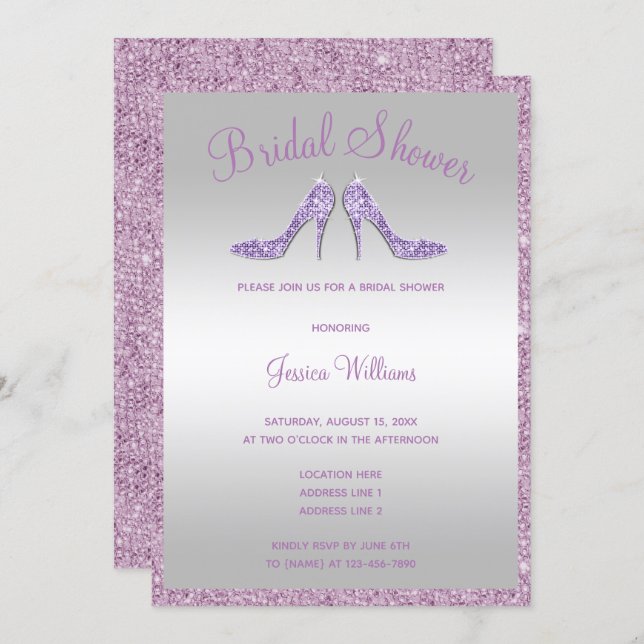 Glitzy Lilac Sequins & Stilettos Bridal Shower Invitation (Front/Back)
