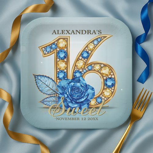 Glitzy Luxury Blue Rose Gold Gemstone Sweet 16 Paper Plates