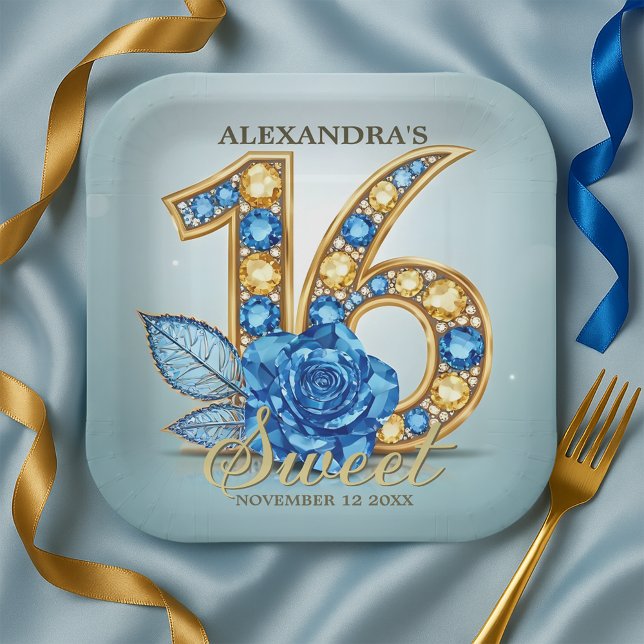 Glitzy Luxury Blue Rose Gold Gemstone Sweet 16 Paper Plates (Creator Uploaded)