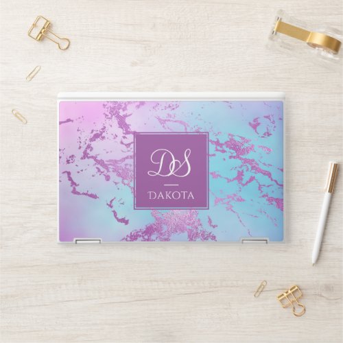 Glitzy Marble  Glam Pink Blue Purple Monogram HP Laptop Skin