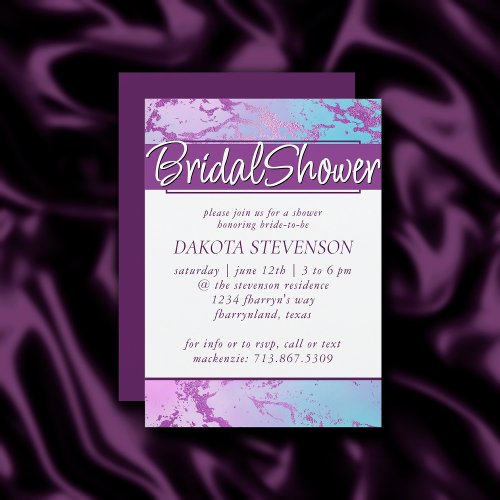 Glitzy Marble  Pink Blue and Purple Bridal Shower Invitation