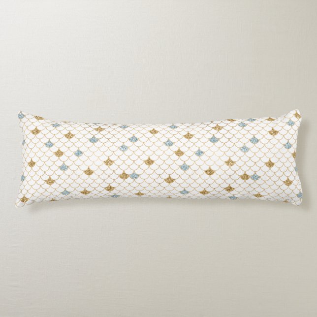 Glitzy Mermaid Blue Gold Sparkle Glitter Body Pillow (Front)