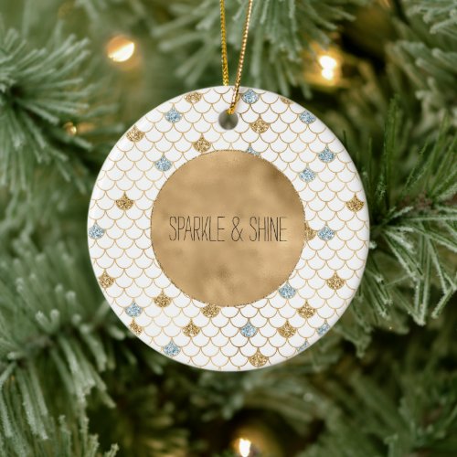 Glitzy Mermaid Blue Gold Sparkle Glitter Ceramic Ornament