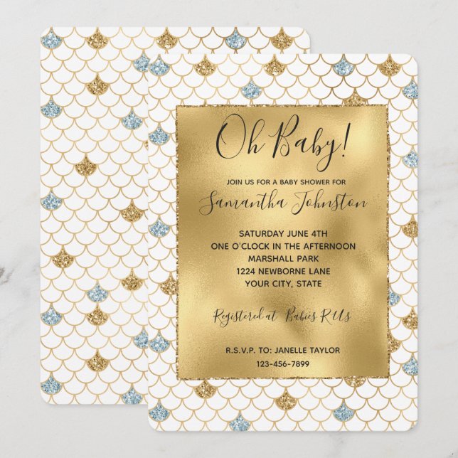 Glitzy Mermaid Blue Gold Sparkle Glitter Invitation (Front/Back)