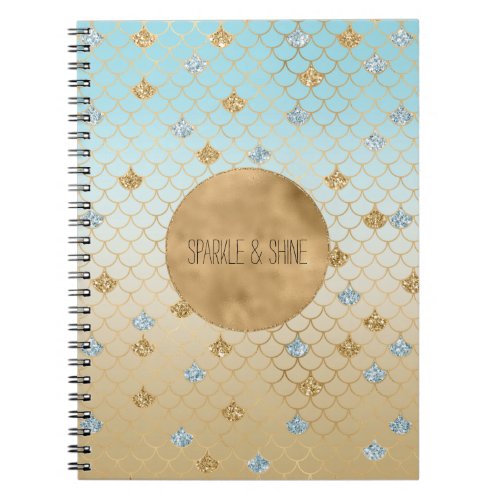 Glitzy Mermaid Blue Gold Sparkle Glitter Ombre Notebook