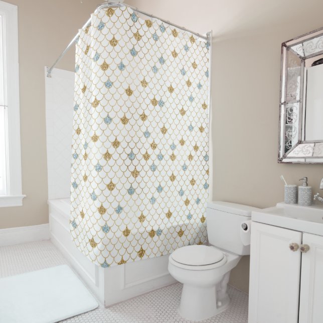 Glitzy Mermaid Blue Gold Sparkle Glitter Shower Curtain (In Situ)