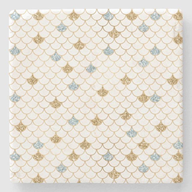 Glitzy Mermaid Blue Gold Sparkle Glitter Stone Coaster (Front)