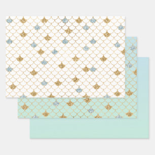 Glitzy Mermaid Blue Gold Sparkle Glitter Wrapping Paper Sheets