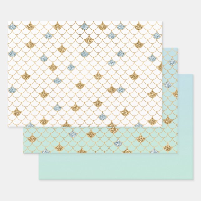 Glitzy Mermaid Blue Gold Sparkle Glitter Wrapping Paper Sheets (Set)