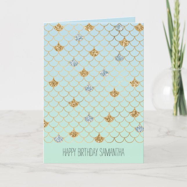 Glitzy Mermaid Blue Green Gold Sparkle Glitter Card (Front)