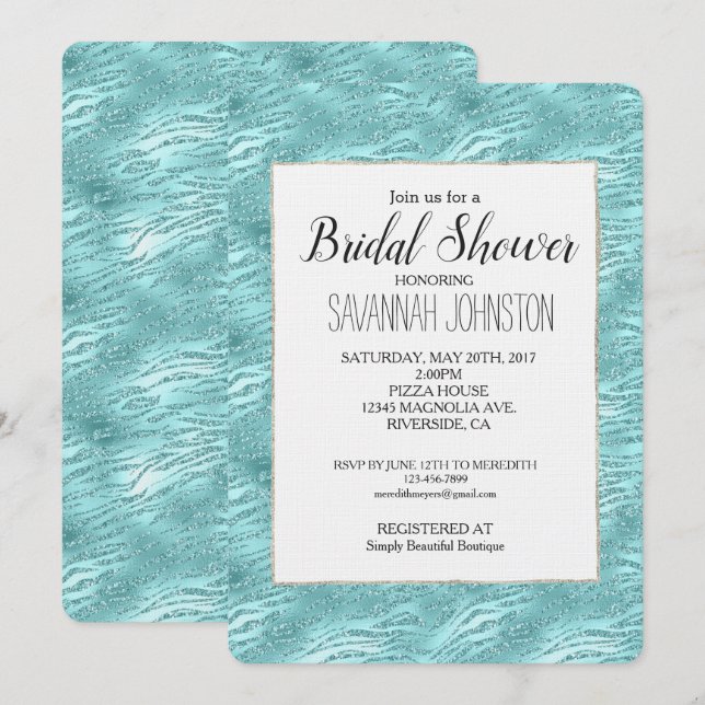 Glitzy Mint Zebra Print  Bridal Shower Invitation (Front/Back)