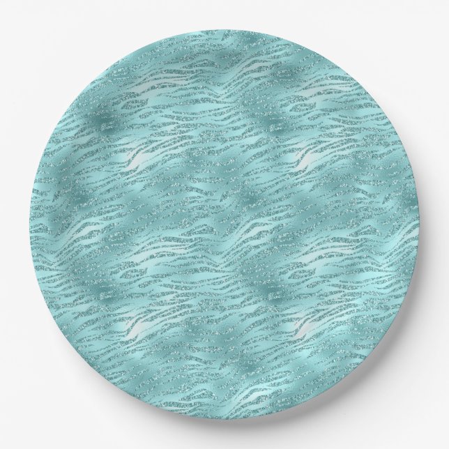 Glitzy Mint Zebra Print Paper Plates (Front)
