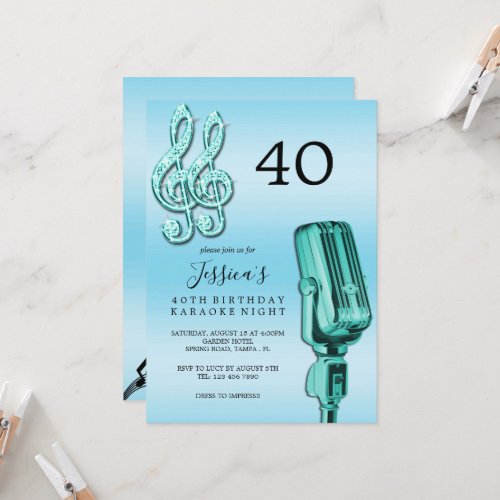 Glitzy Music Note  Microphone Karaoke Birthday In Invitation