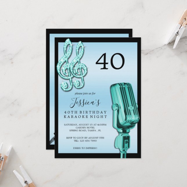 Glitzy Music Note & Microphone Karaoke Birthday In Invitation (Front/Back In Situ)
