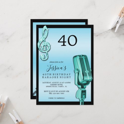 Glitzy Music Note  Microphone Karaoke Birthday In Invitation