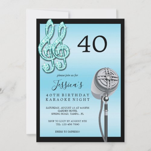 Glitzy Music Note  Microphone Karaoke Birthday In Invitation