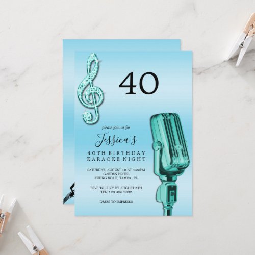 Glitzy Music Note  Microphone Karaoke Birthday In Invitation