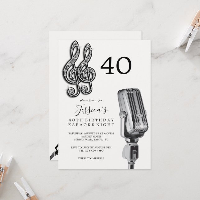 Glitzy Music Note & Microphone Karaoke Birthday Invitation (Front/Back In Situ)