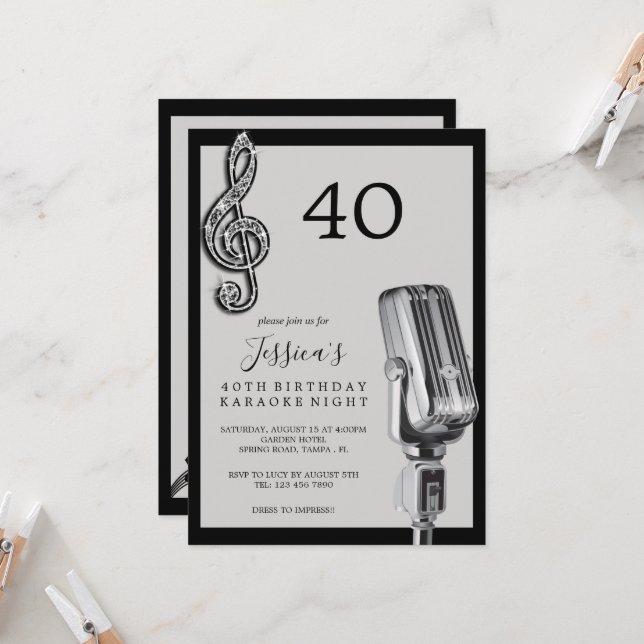 Glitzy Music Note & Microphone Karaoke Birthday Invitation (Front/Back In Situ)
