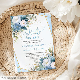 Glitzy Pastel Blue White Gold Flowers Sweet 16 Invitation