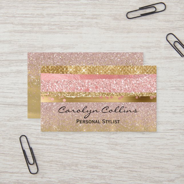 Glitzy Pink and Gold Glittery Business Card (Front/Back In Situ)