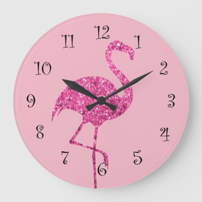 Glitzy Pink Flamingo Wall Decor Large Clock (Front)