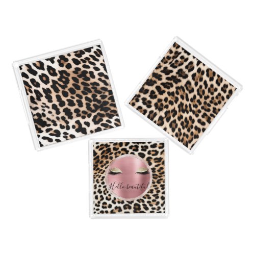 Glitzy Pink Glitter Gold Eyelashes Leopard     Acrylic Tray