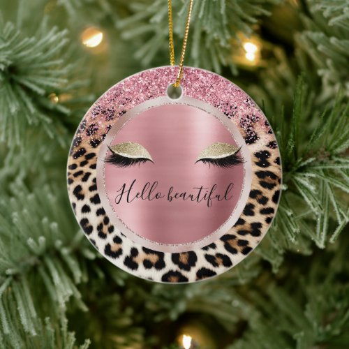 Glitzy Pink Glitter Gold Eyelashes Leopard     Ceramic Ornament