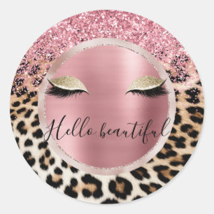 Glitzy Pink Glitter Gold Eyelashes Leopard Classic Round Sticker