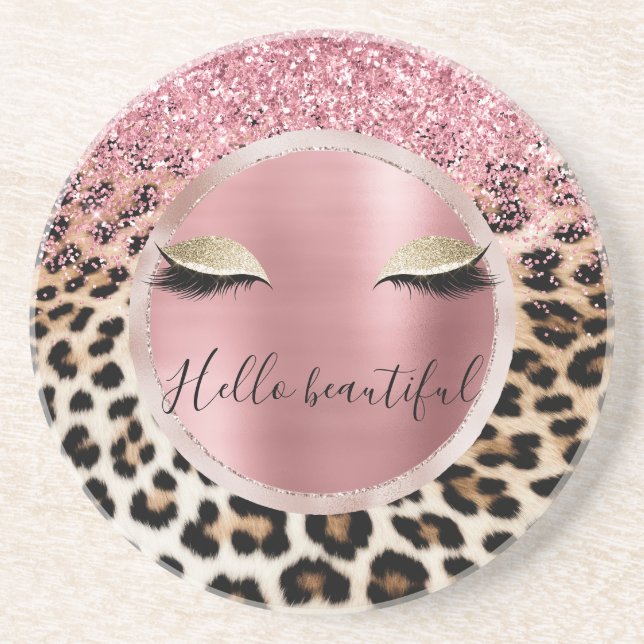 Glitzy Pink Glitter Gold Eyelashes Leopard     Coaster (Front)
