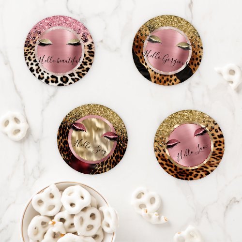 Glitzy Pink Glitter Gold Eyelashes Leopard     Coaster Set
