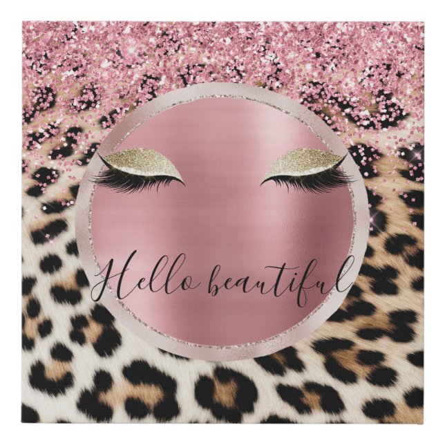 Glitzy Pink Glitter Gold Eyelashes Leopard     Faux Canvas Print (Front)