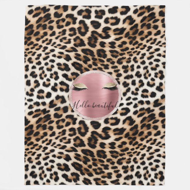 Glitzy Pink Glitter Gold Eyelashes Leopard     Fleece Blanket (Front)