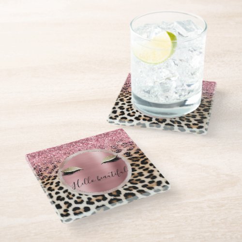 Glitzy Pink Glitter Gold Eyelashes Leopard     Glass Coaster