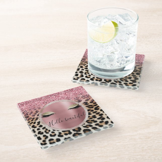 Glitzy Pink Glitter Gold Eyelashes Leopard     Glass Coaster (Angled)