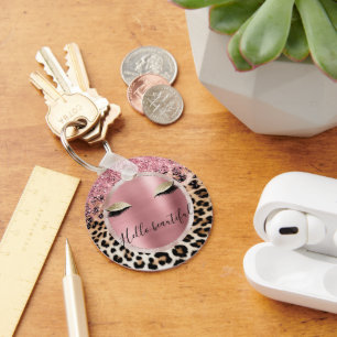Glitzy Pink Glitter Gold Eyelashes Leopard Keychain