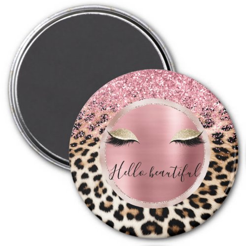 Glitzy Pink Glitter Gold Eyelashes Leopard     Magnet