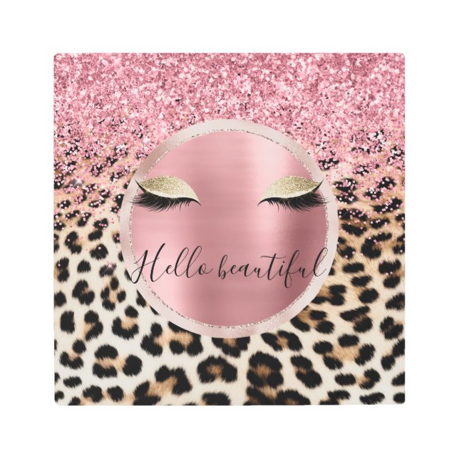 Glitzy Pink Glitter Gold Eyelashes Leopard     Metal Print (Front)