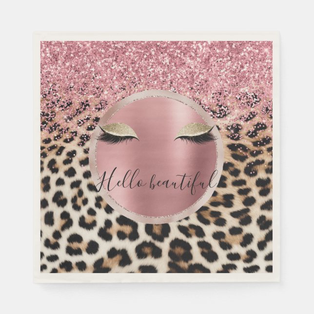 Glitzy Pink Glitter Gold Eyelashes Leopard     Napkins (Front)
