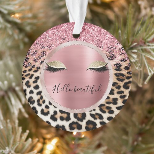 Glitzy Pink Glitter Gold Eyelashes Leopard     Ornament