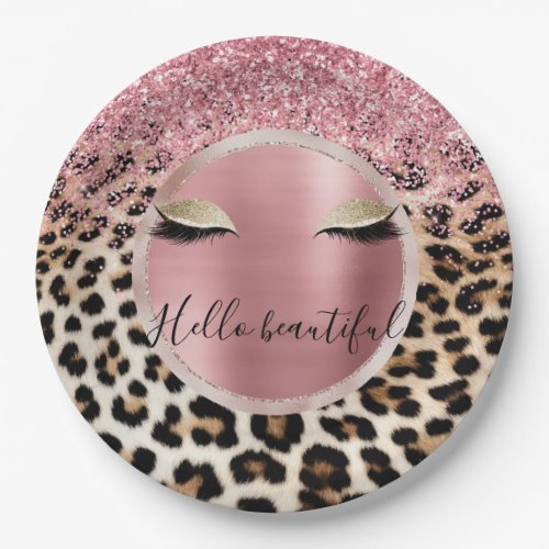 Glitzy Pink Glitter Gold Eyelashes Leopard     Paper Plates