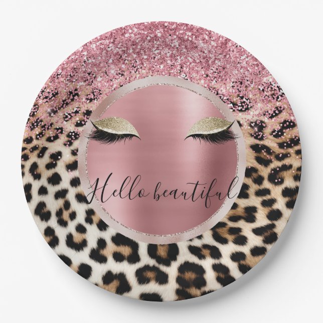 Glitzy Pink Glitter Gold Eyelashes Leopard     Paper Plates (Front)